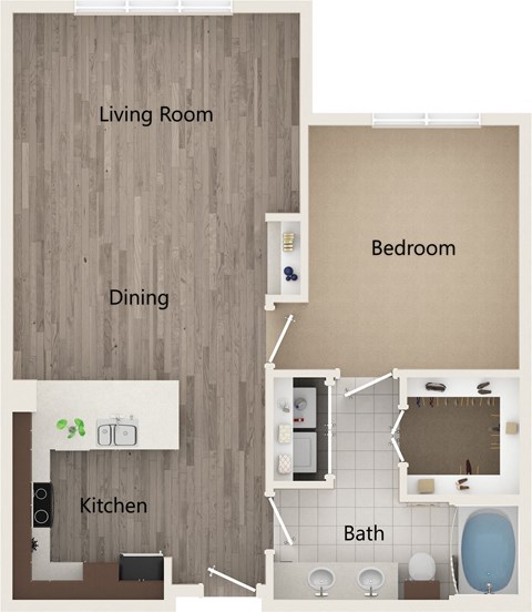 Floor plan for 1 bed, 1 bath, 830 sqft